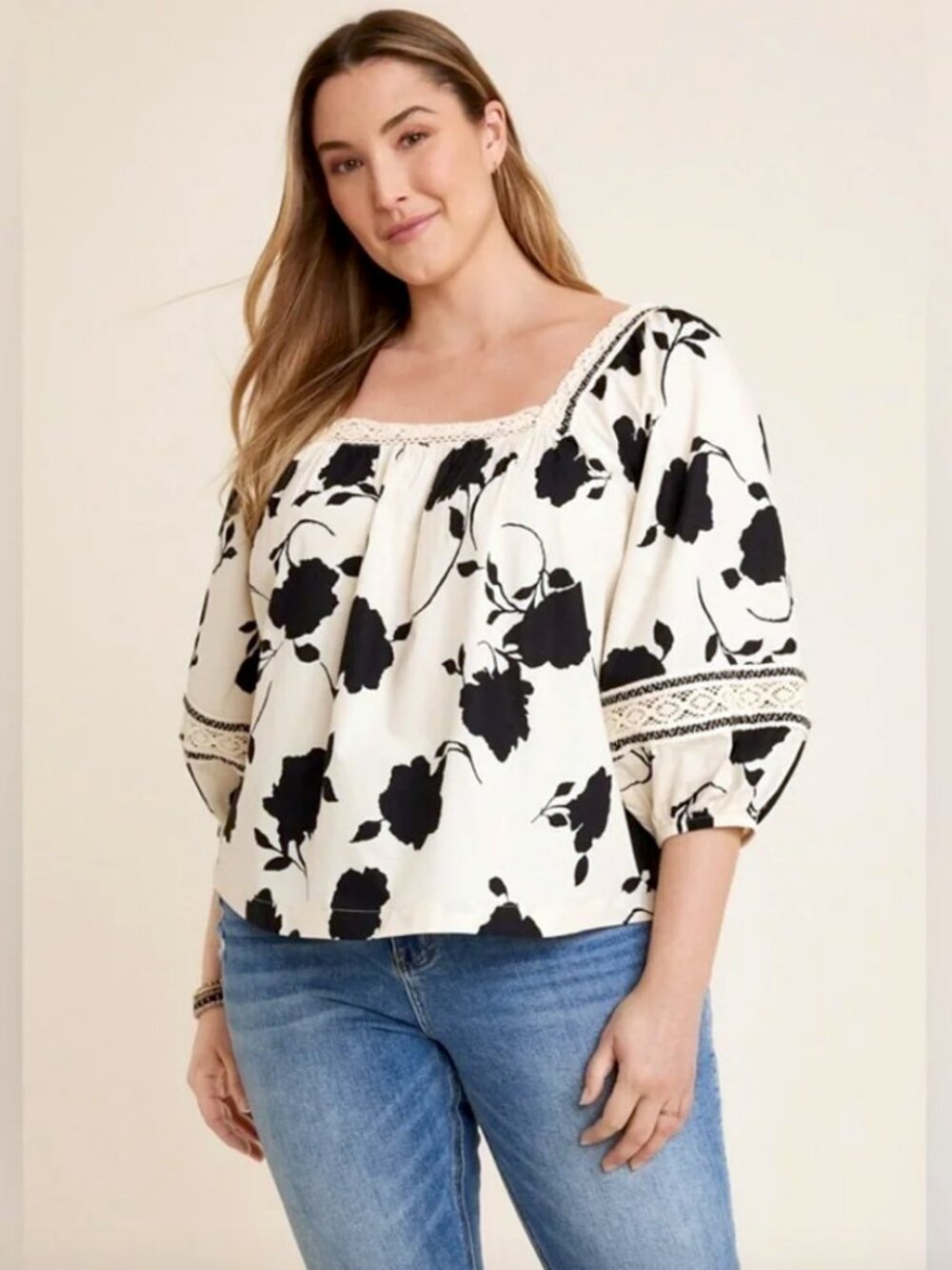 MAURICES Cream and Black Floral Crochet Trim BLOUSE Size: XL